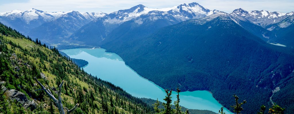View of the lake and mountains from Whistler British Columbia in the summer.